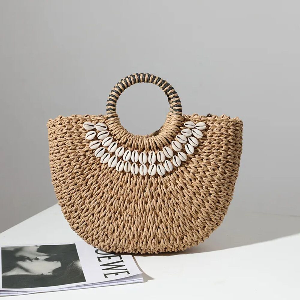 Straw Woven Tote – Brown,‎ Shell Detail, Lined, Drawstring, Resort Beach Bag NWT
